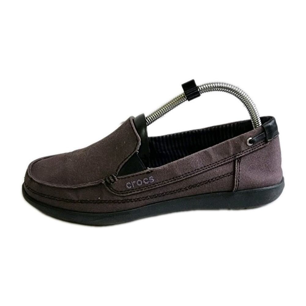 Crocs Woman's Sz 10 Walu Canvas Loafer Flat Shoes Brown Low Top Slip On Moc Toe